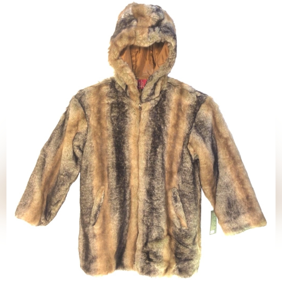 Vintage Hind 2460-Caf, Unisex 3/4 Long Artificial Fox Fur Coat With Hoodie/ Nwt